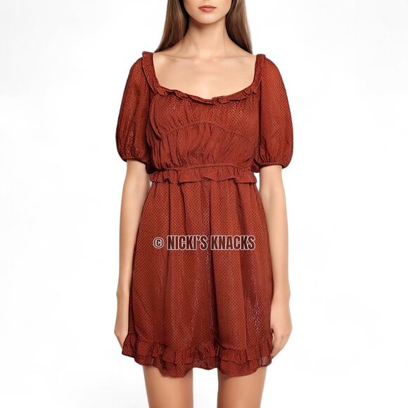 By The River Rust Polka Dot Mini Dress Puff Sleeve Ruffle Fit Flare Fall Size S - Picture 2 of 13